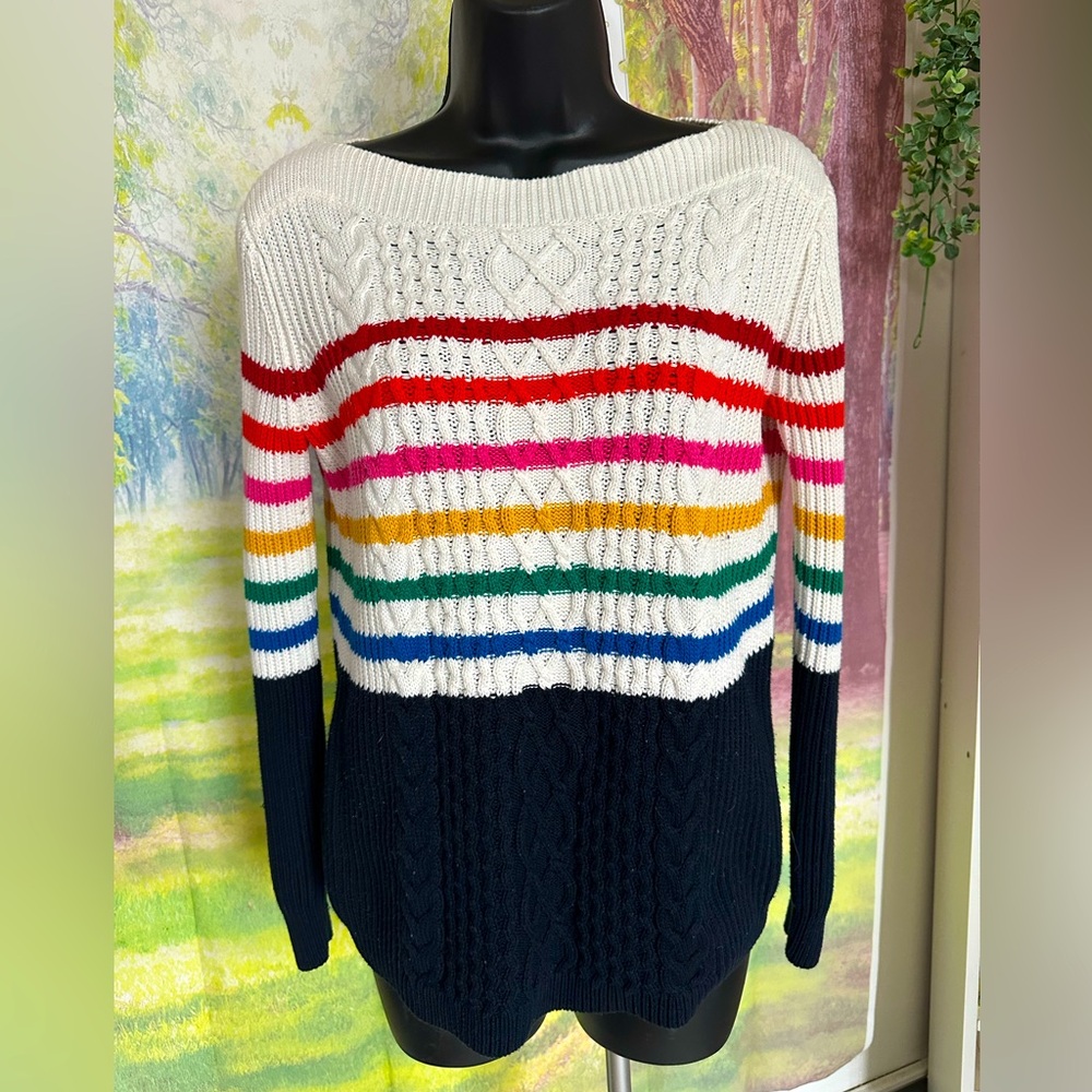 Tommy Hilfiger Women’s Cable Knit Rainbow Striped White Sweater